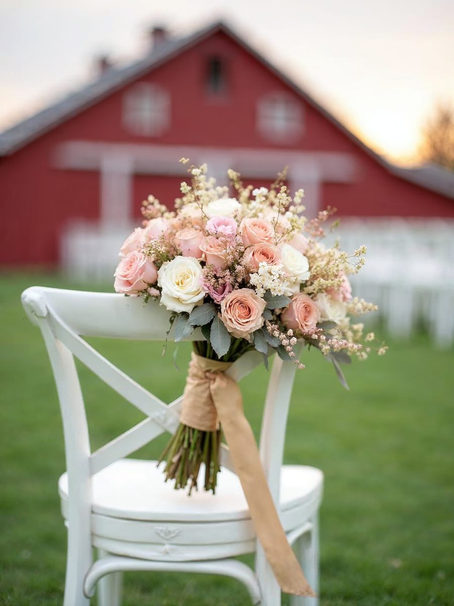 A blush pink and white wedding bouquet tied with a gold ribbon on a white chair in front of a red barn