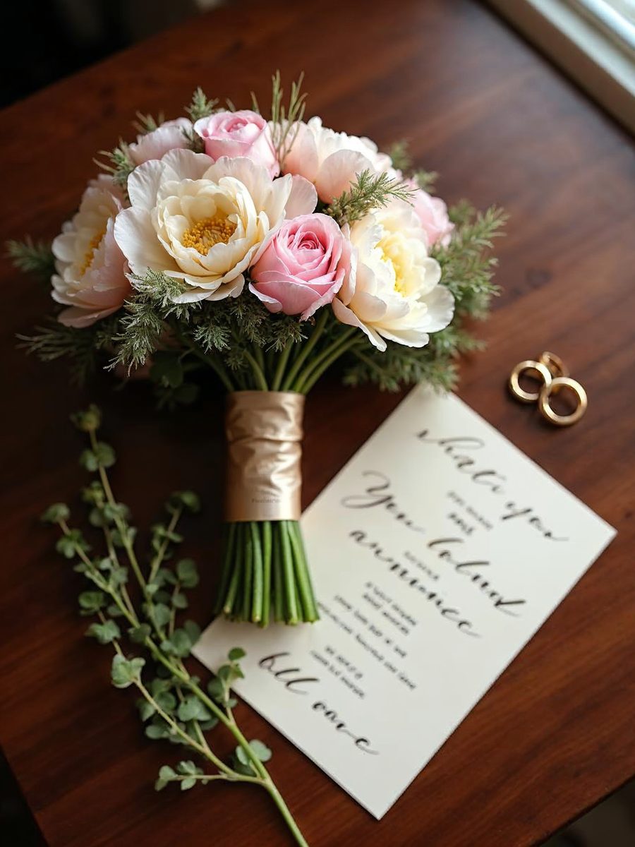 A bridal bouquet of blush pink roses with gold rings and a handwritten invitation on a rich brown wooden table