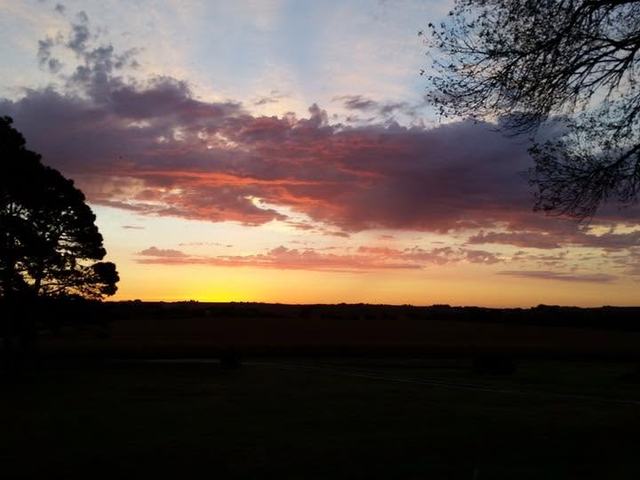 Vivid orange and purple sunset clouds glowing above a dark country horizon with trees