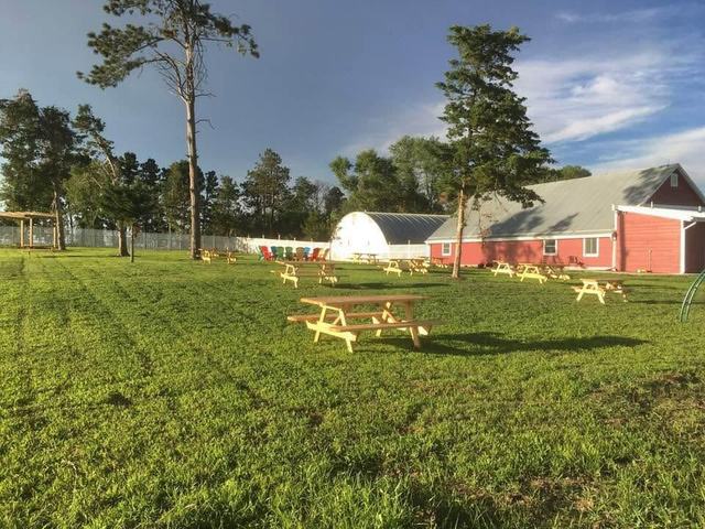 Green lawn with wooden picnic tables in front of a red barn and white silo under blue sky