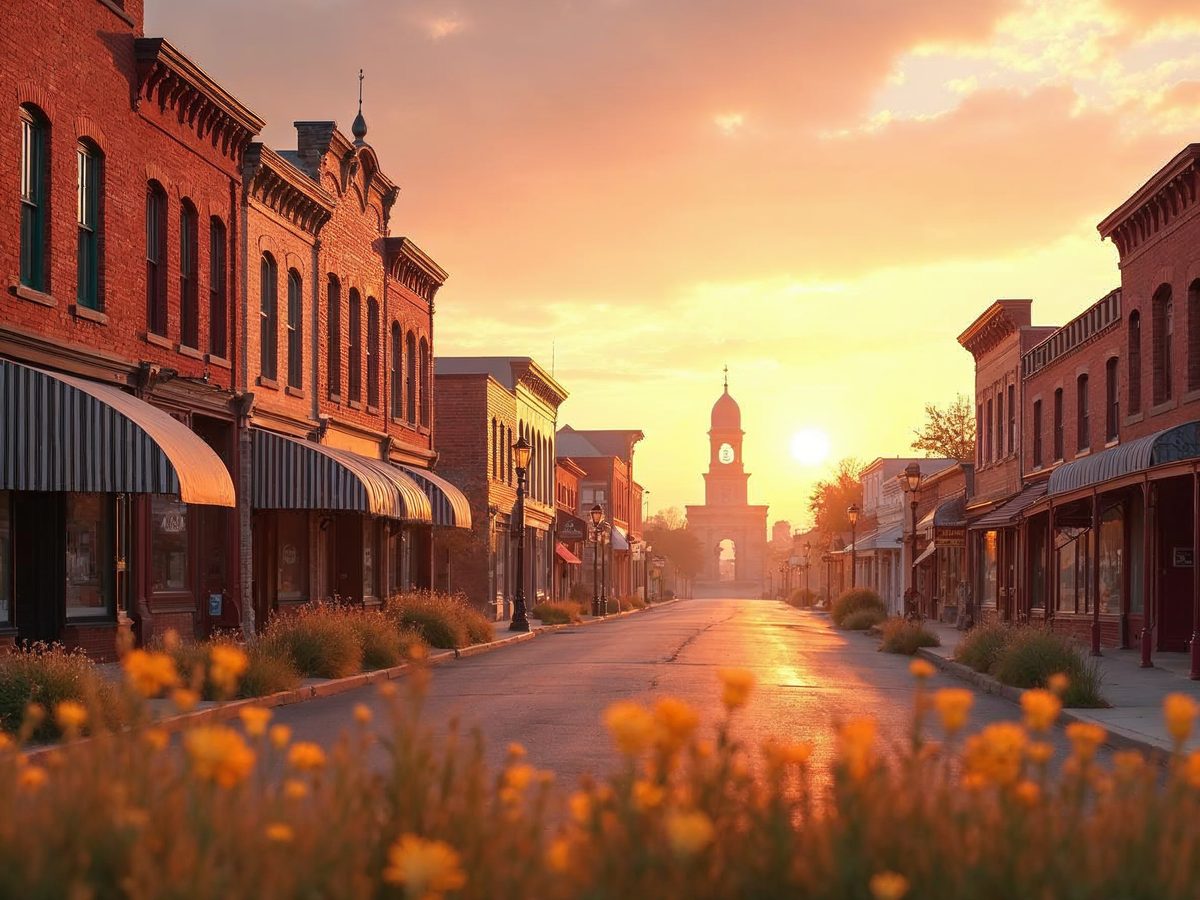 Illustration of a historic Nebraska prairie town main street at golden hour with brick storefronts and wildflowers